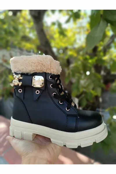 Детские кожаные меховые детализированные легкие ботинки на нескользящей подошве со шнурками и молнией