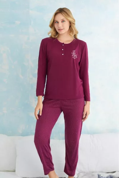 Dreamy Long Sleeve Polka Dot Buttoned Collar Pajama Set
