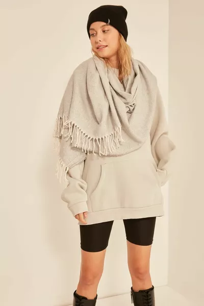  Light Grey Thick Shoulder Shawl Scarf with Soft Textured Tassels