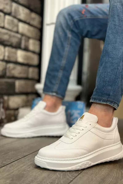 Мъжки бели спортни ежедневни обувки с висока дебела бяла подметка с връзки