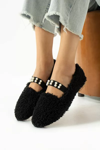 Ballerine invernali in lana nera perla da donna scarpe da casa e da esterno