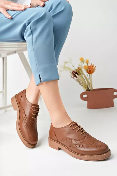 Genuine Leather Tan Lace-Up Oxford Women's Shoes