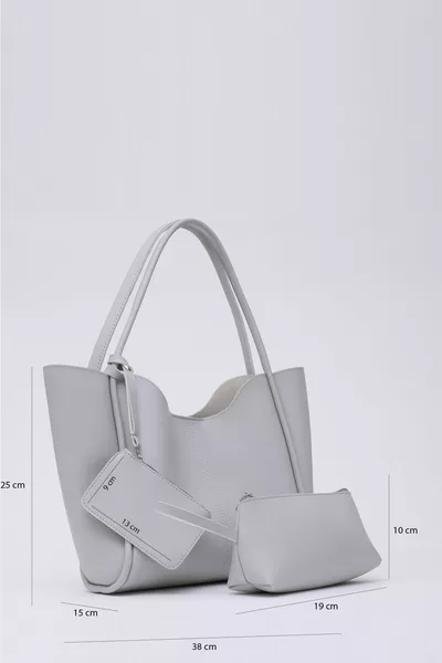 رمادي  حقيبة اليد والكتف النسائية مع محفظة جلدية تقليد Snap وحقيبة مكياج مع قفل Snap L:  W:  W:  سم