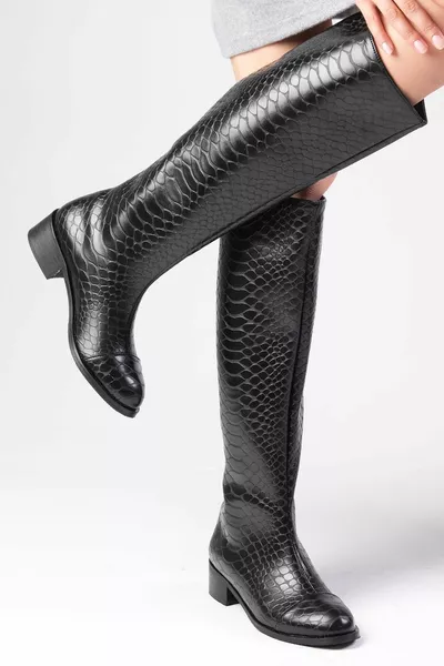 Parley colore nero coccodrillo stampato senza cerniera, fine pelliccia sintetica foderato stivali da donna