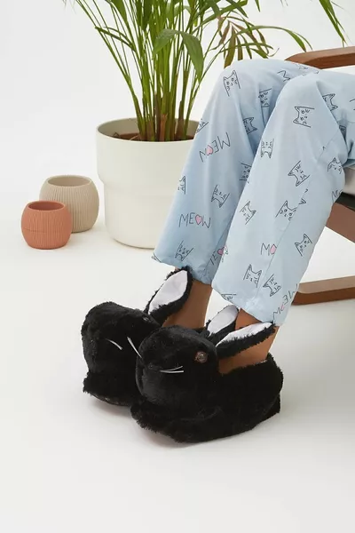 Black Animal Silent Sole Panduf Rabbit Figure Plush House Shoes (EYE VIDEO IS EMBROIDERED LIKE KI)