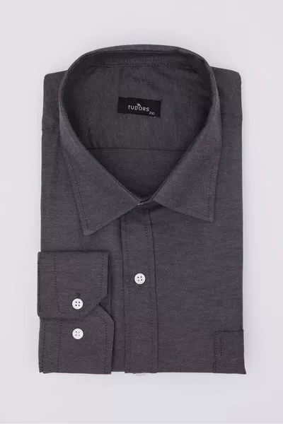 Big Size Long Sleeve Easy Iron Herringbone Cotton Grey Men's Shirt with Tie Holder