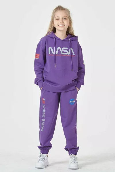 طقم رياضي للأطفال بناتي وصبياني، كبير الحجم، بغطاء رأس، بتفاصيل طبعة ناسا