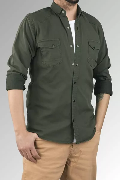 Men's Dark Khaki Slim Fit Narrow Fit Cotton Denim Shirt