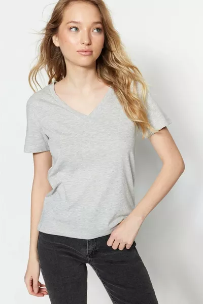 % Pamuk Süper Kalite Gri Melanj V-yaka Kadın Basic Tişört Örme Pamuk Penye T-shirt