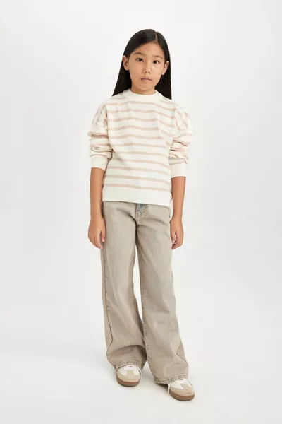 Girls' Striped Crew Neck Knit Sweater NS