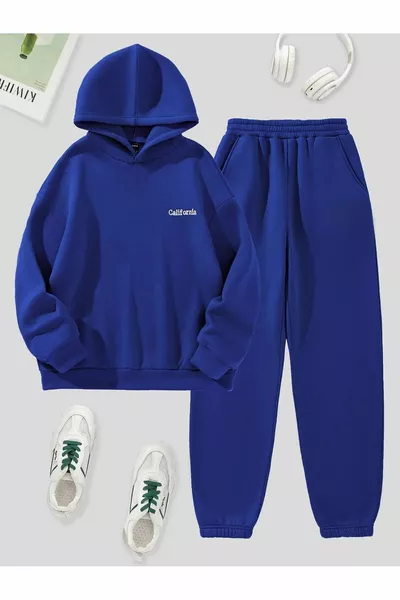 California Written Tracksuit Sweatshirt Jogger - Sapphire Blue Printed Oversized Fleece Hoodie