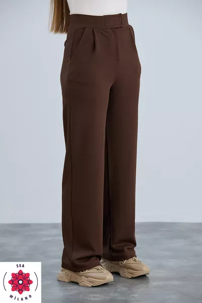 Women's Coffee Color Velcro Closure Comfortable Palazzo Pants with Stretchy Elastic Waist High Waist