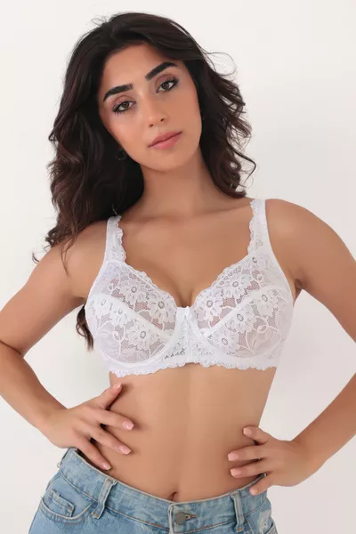 صدرية نسائية بيضاء بسوستة سميكة وحمالات عريضة مع دانتيل ومُقلّلة للحجم ورفّاعة الصدر -إيلانور