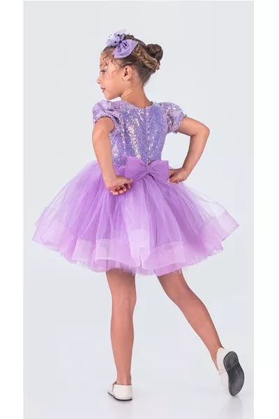 Tütü Gren Etekli Kız Çocuk Pul Payetli Kısa Kol Kikidi Elbise  LİLA