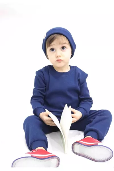 Navy ribbed hat 3-piece cotton knit set