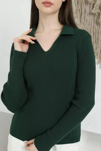 Dames Smaragdgroene Polo V-hals Gebreide Trui