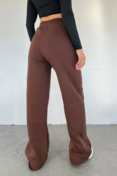 Damenbraune Winterhose mit Fleecefutter, hoher Taille und weitem Bein
