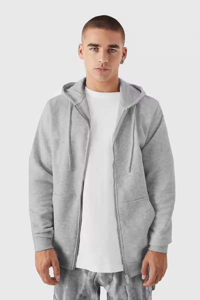 Men's Grey Melange Hooded Zip-Up 3-Ply Fleece Kangaroo Oversize Sweatshirt