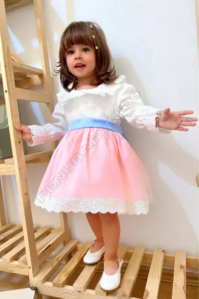 Pink and Blue Long Sleeve Baby Girl Dress with Bow - Candy