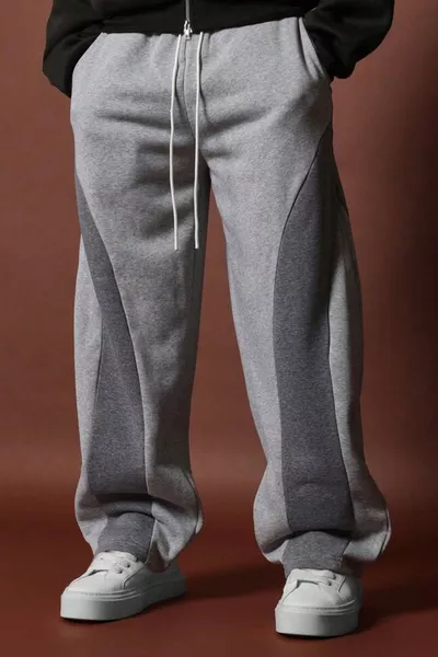 سروال رياضي رجالي فضفاض بساق واسعة بلونين، رمادي غامق