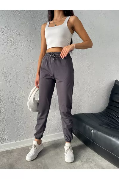 Damen-Tauchanzugstoff Winter Fleece Jogger Hohe Taille Mit Taschen Rauchgraue Trainingshose