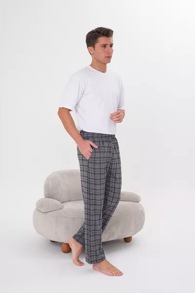 Baumwoll-Pyjama-Hose für Herren mit Taschen, kariertem Print, elastischem Bund, schick und bequem, Grau 