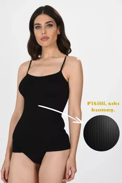 قميص داخلي أسود نسائي بتصميم ضاغط وحمالات رفيعة 