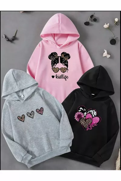 مجموعة مكونة من 3 قطع للأطفال البنات، سويت شيرت بغطاء رأس من KidLife ومطبوع عليه قلوب باللون الوردي والأسود والرمادي