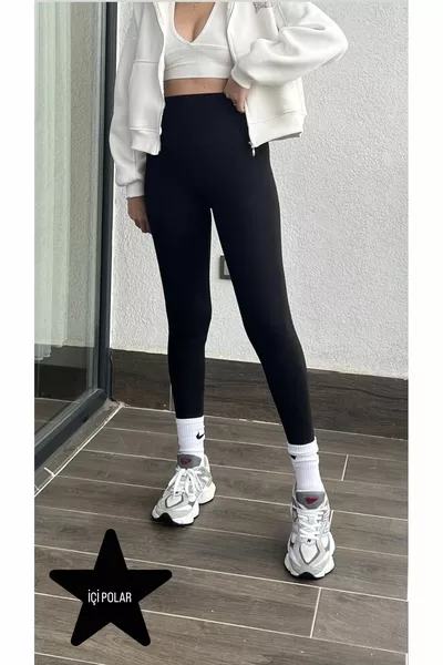 بنطال ضيق أسود مرتفع الخصر داخلي مبطن بالشعور بالدفء ويظهر نحيفًا