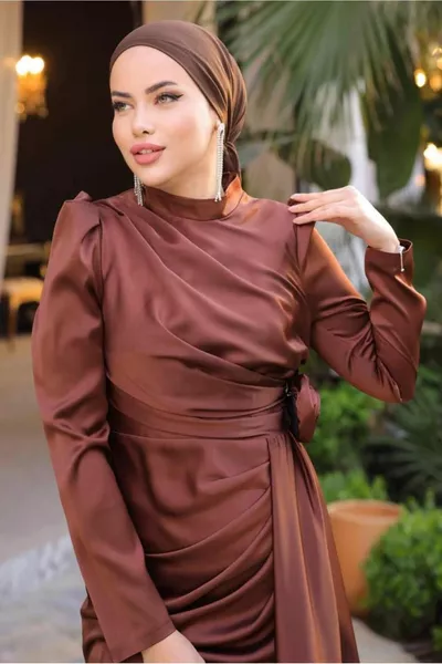 DAMEN KAFFEE SATIN ABENDKLEID T 