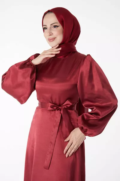 Rechte ronde hals Dames Bourgondische jurk met ceintuur - 