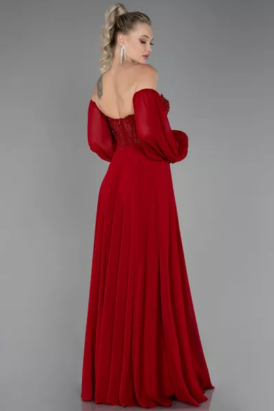 Red Strapless Underwire Corset Slit Chiffon Evening Dress 