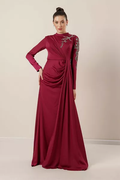 Платье-хиджаб из креп-атласа с вышитым камнем шнурком спереди фуксия