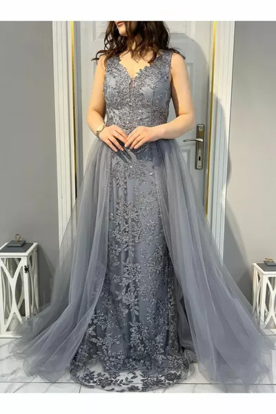 Abito da sera di fidanzamento con gonna a mezza gonna in tulle con pesce senza maniche