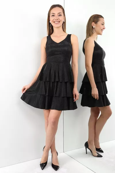 V-hals rug V open laag rok glitter glanzende korte avondjurk