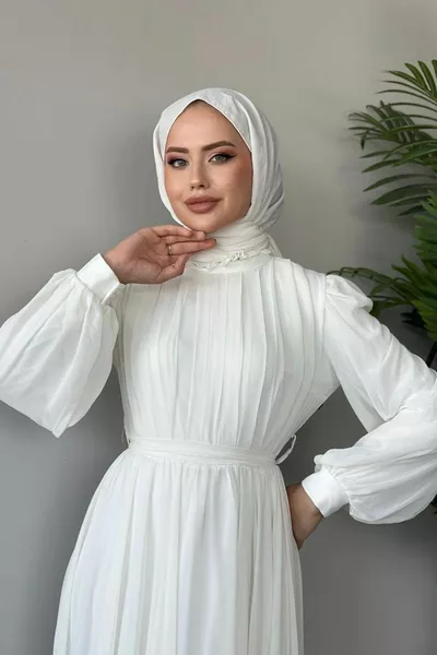 Hijab Chiffon Evening Dress White with Pleated Tail on the Front