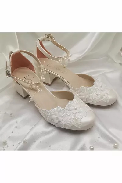 نسائي عرق اللؤلؤ أوف وايت الدانتيل مريحة 5 سم سميكة الكعب مساء اللباس أحذية الزفاف