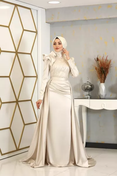 Robe de soirée hijab en daim à volants à épaules à queue portable beige