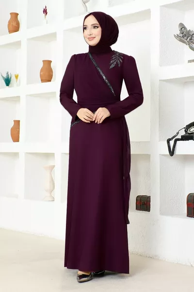Crepe Evening Dress Hijab Dress with Sequin Appliqué  Plum