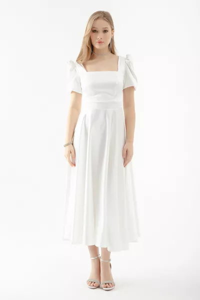 Abito da sera midi con maniche a palloncino con scollo quadrato bianco da donna