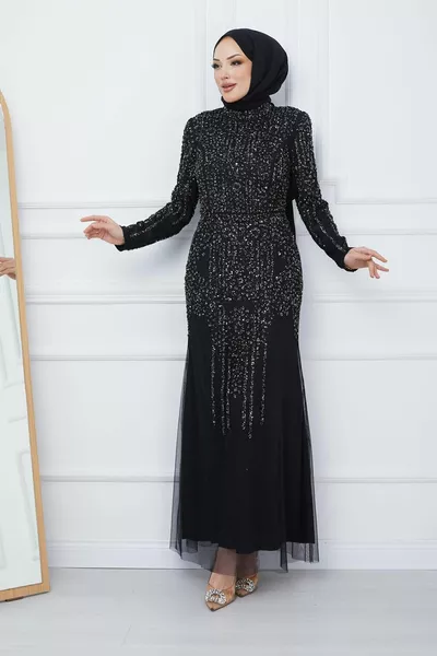 Robe de soirée hijab en tulle décoré de perles et de pierres NOIR 