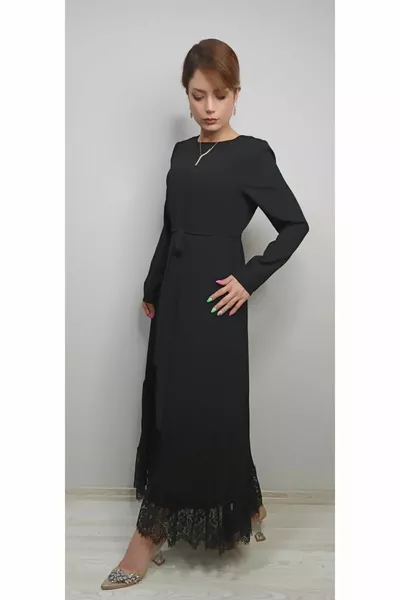 Abendkleid Rock Plissee Spitze Gürtel Detail Hijab Abendkleid