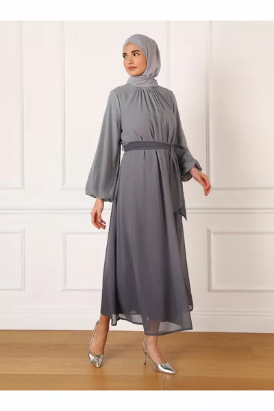 Robe de soirée hijab en mousseline de soie à motifs dégradés ceinturés - Granite - Refka