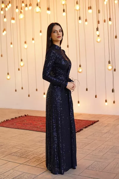 الأزرق الداكن الأكمام الريش الترتر الحجاب مساء اللباس