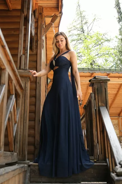 Boyundan Bağlamalı Simli Abiye Elbise Lacivert 