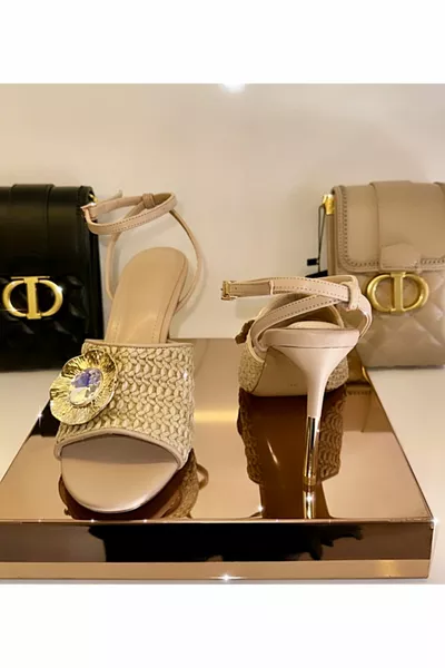 beige heeled sandals with straw stones