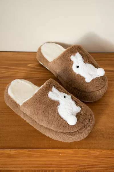 Winter Fuggy Non Slip Sole Soft Textured Rabbit Embroidered House Slippers