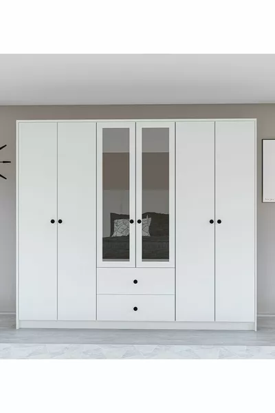 Armadio con specchio GM Lüx, 6 porte, 2 cassetti e maniglie a bottone