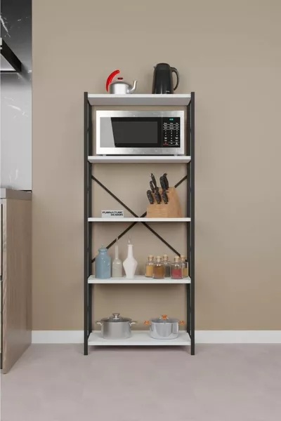 رف مطبخ معدني مكون من 5 رفوف لخزانة الأدوات الديكورية ورف ميكروويف باللون الأبيض