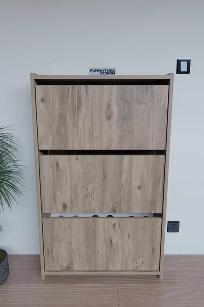 Fold-Down Shoe Cabinet with Sliding Shelves and 3 Doors - Wall-Mountable, Atlantic Pine